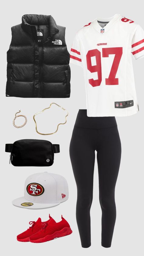 Niners Outfit Women, Cute Outfits For Nfl Football Games, 49ers Game Outfit Women, 49er Women Outfit, Nfl Training Camp Outfit, Football Season Outfits For Women, 49ers Outfit Women Fashion, Super Bowl Outfits For Women 49ers, Football Looks For Women