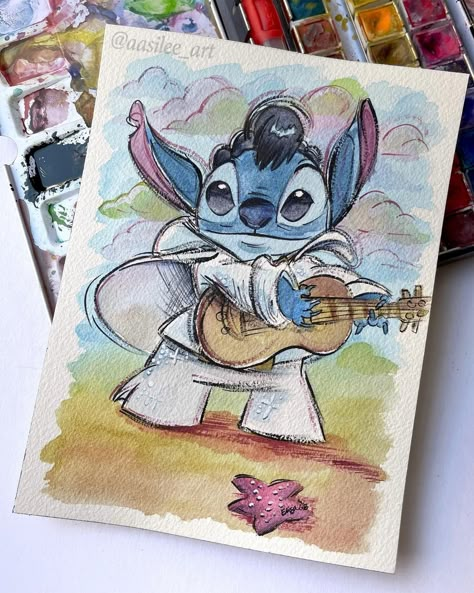 Someone messaged me this week about another Stitch Elvis I painted in the past. So I painted a different version of it 🎸 🎨💕 ✨Listed on my… | Instagram Disney Pop Art, Lilo And Stitch Drawings, Stitch Drawing, Disney Collage, Abstract Art Painting Diy, Arches Paper, Cute Doodles Drawings, Pinturas Disney, Pen And Watercolor