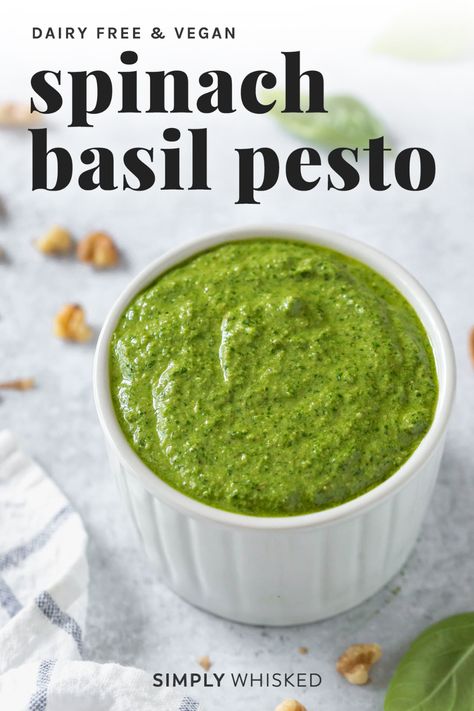 This dairy free pesto sauce is super easy to make and uses nutritional yeast instead of parmesan cheese. This pesto recipe is dairy free, vegan and gluten free. Use it on pasta, pizza, or your favorite protein for an easy flavorful meal. Spinach And Basil Pesto, Basil Spinach Pesto, Spinach Basil Pesto, Vegan Pesto Recipe, Dairy Free Pesto, Basil Pesto Sauce, Nutritional Yeast Recipes, Basil Pesto Recipes, Spinach Pesto