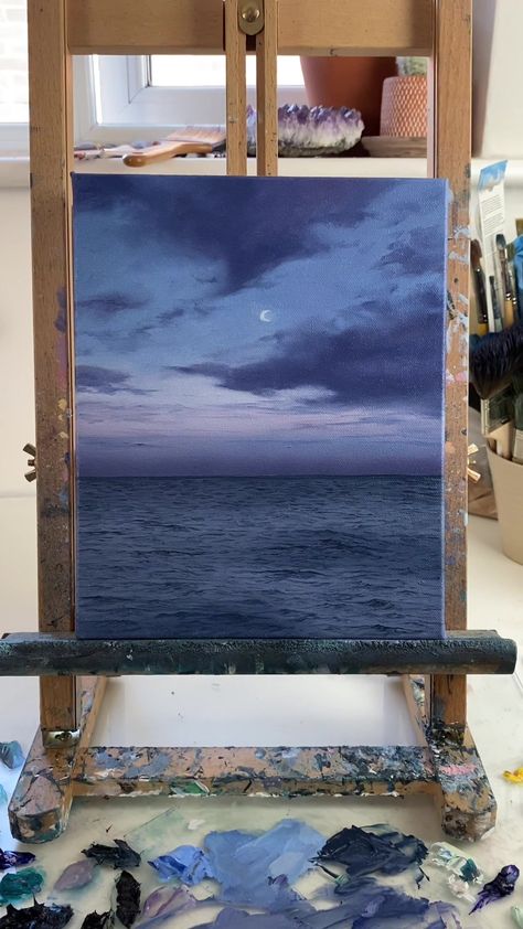 Gloomy Ocean Painting, Gloomy Oil Painting, Gloomy Painting Ideas, Moon Light Drawing, Moonrise Painting, Moon Painting Aesthetic, Gloomy Painting, Painting Aesthetic Easy, Painting Inspo Aesthetic