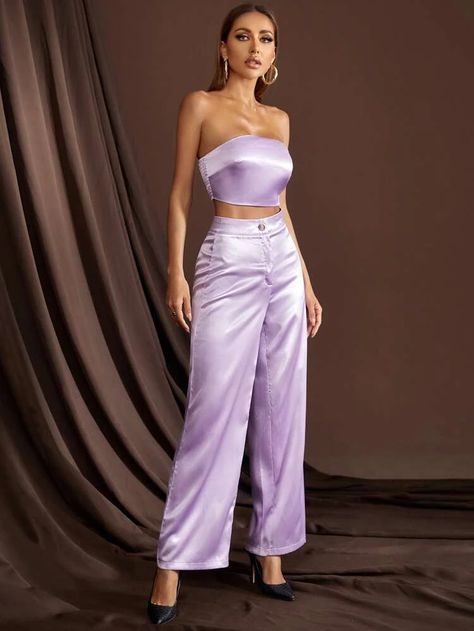 Satin Tube Top & Wide Leg Pants | SHEIN USA Satin 2 Piece Outfit, Purple Top Outfit, Purple Pants Outfit, Satin Pants Outfit, Satin Tube Top, Satin Outfit, Satin Trousers, Purple Outfits, Satin Pants