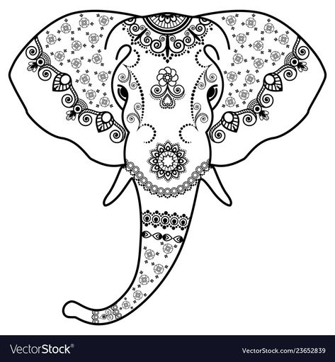 Black and white elephants head in mehndi indian Vector Image Elephant Head Drawing, Indian Elephant Art, Elephant Head Tattoo, Tattoo Elephant, Heraldry Design, Elephant Colour, Elephant Drawing, Design Mandala, Elephant Tattoo