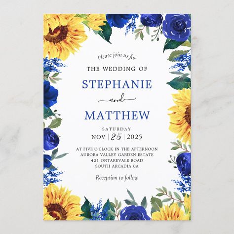 Sunflower Blue Floral Border Wedding Invitation Size: 5" x 7". Gender: unisex. Age Group: adult. Material: Semi-Gloss. Blue Sunflower Wedding, Blue Floral Border, Sunflower Themed Wedding, Navy Blue Wedding Invitations, Sunflower Wedding Invitations, Floral Azul, Blue Themed Wedding, Rustic Fall Wedding, Invitation Floral