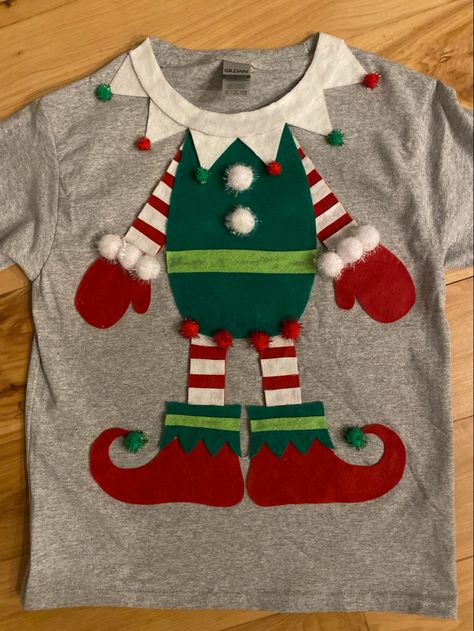 Ugly Christmas Shirts Diy, Elf T Shirt Ideas, Ugly Christmas T Shirt Ideas, Diy Christmas Shirt Ideas, Ugly Christmas Tshirts, Diy Christmas Jumper Ideas, Ugly Christmas Sweater Diy Ideas, Diy Elf Shirt, Ugly Sueter Christmas