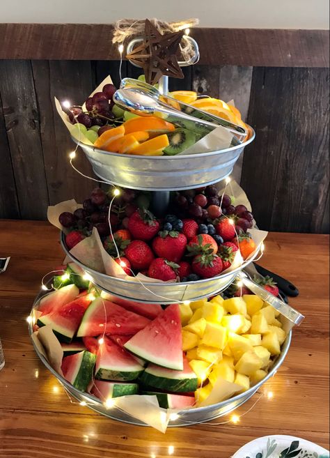 Galvanized Party Decor Ideas, Tiered Tray Party Food Ideas, Fruit Tray Bridal Brunch, Tiered Tray Appetizers, Diy 3 Tier Serving Tray Dessert Stand, 3 Tier Charcuterie Board Ideas, 3 Tier Serving Tray Food Ideas, Cookie Tray Display Ideas Wedding, Tiered Fruit Tray