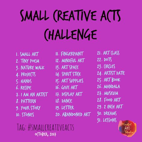 Throughout the month of October, use the prompts above to do a small creative act. You can interpret them as literally or liberally as you wish. (This is creative, after all!) Share your work and share about the challenge on Facebook and Instagram and you could be the random drawing winner of a spot in … 5 Minute Drawing Challenge, Be Creative Art, Art Goals List, Drawing Clutter, Art Content Ideas, Creative Challenge Projects, Pottery Challenge, Art Challenge Ideas, Collage Watercolor