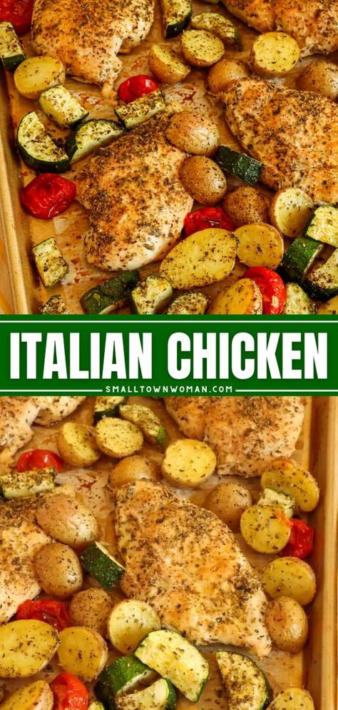 Your family will love this meat main dish! It's an easy dinner idea on a sheet pan. Baked with fresh vegetables, these Italian chicken breasts are delicious! Try this chicken recipe for dinner! Baked Chicken With Vegetables, Baked Chicken And Veggies, Chicken Recipe For Dinner, Pan Chicken Breast, Sheet Pan Meals Chicken, Sheet Pan Dinners Chicken, Easy Sheet Pan Dinners, Recipe For Dinner, Sheet Pan Suppers