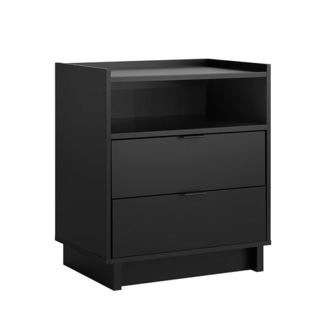 PRICES MAY VARY. ASSEMBLED DIMENSIONS & WEIGHT- Nightstand- 23.75" W x 26.75" H x 16" D, Total weight- 48 lbs., All pieces arrive ready to assemble in 1 Box STYLISH BEDSIDE TABLE WITH A CLEAN, MODERN DESIGN- Attractive nightstand features an open shelf for those items you want easy access to, 2 drawers and a sturdy top that holds up to 25 pounds, all in a pure black finish DURABLE MATERIAL FOR LONG TERM USE- Black nightstand is constructed from non-toxic (CARB 2 Compliant), laminated composite w Black Night Table, Bedside Table Ideas Black, Black Bedside Table Ideas, Gray Bedside Table, Black Nightstand Bedroom, Nightstand Simple, Black Night Stand, Simple Nightstand, Bedside Table Grey