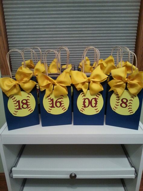 Softball gift bags Softball Swag Bags, Softball Baskets For Dugout, Softball Nationals Team Gifts, Softball Banquet Gift Ideas, Softball Snack Bags, 8th Grade Softball Night Gifts, Senior Night Gift Ideas Softball, Softball Treat Bags, Softball Snack Ideas