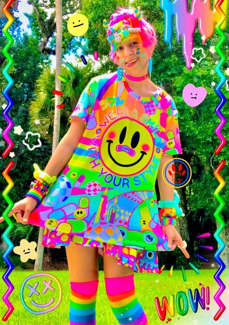 Acidwave Outfit, Decora Outfits Aesthetic, Hyperpop Outfit, Rainbow Aesthetic Outfit, Rainbowcore Outfit, Kidcore Aesthetic Outfits, Rainbowcore Fashion, Monster Juice, Decora Outfits