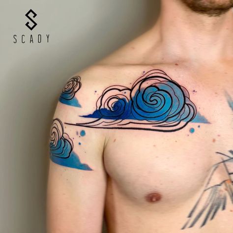 Wave Cloud Tattoo, Compass Tattoo Colorful, Pinochle Tattoo, Wrist Watercolor Tattoo, Colored Tattoos On Dark Skin, Elemental Tattoos, Scifi Tattoo, High Contrast Tattoo, Color Tattoos On Dark Skin