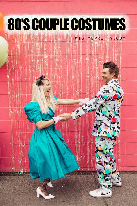 Couple Costumes for Halloween!! - Twist Me Pretty 80s Couple Costume, 80s Couples, 80s Couple, Couple Costumes For Halloween, Halloween 80s, 80's Hair, Funny Couple Costumes, 80s Party Outfits, Funny Couple Halloween Costumes