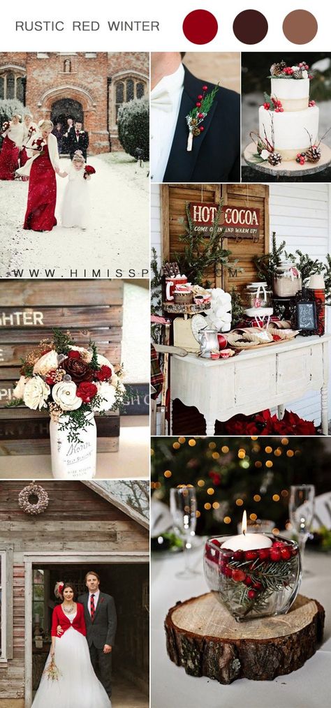 red rustic chritsmas wedding color inspiration for winter weddings  #weddings #weddingcolors #weddingideas Christmas Wedding Ideas On A Budget, Rustic Christmas Wedding, Red Winter Wedding, Winter Wedding Red, Christmas Wedding Inspiration, Wedding Color Combos, Mill Wedding, Rustic Winter Wedding, Pearl Flowers