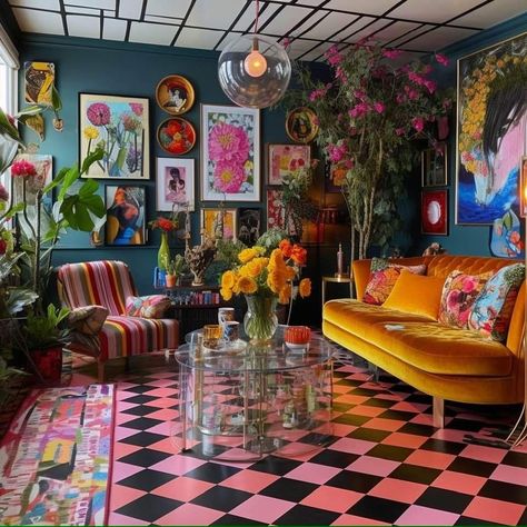 Hot Pink Maximalist Room, Maximalist Decor Basement, Yellow Maximalist Room, Colorful Maximalist Interior Design, Color Maximalist Decor, Colourful Maximalist Decor, Colourful Eclectic Interiors, Whimsical Maximalist Decor, Pink Maximalist Decor