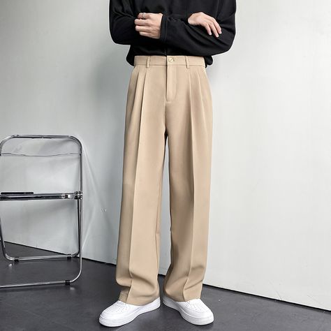 Solid Color Formal Suit Pants Men Korean Fashion Loose Casual Pants Men Harajuku Streetwear Wide-leg Oversized Pants, Casual Pants Style, Loose Trousers, Harajuku Streetwear, Formal Suits, Mens Khakis, Straight Trousers, Casual Suit, Mens Luxury