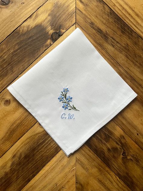 Forget-me-not Custom Handkerchief, Personalised Handkerchiefs, White Cotton Hanky, Memorable Handkerchief, Embroidered Flowers, Gift Idea - Etsy Forget Me Not Gift Ideas, Hand Embroidery On Handkerchief, Handerkerchief Embroidery, Hanky Embroidery Design, Handkerchief Embroidery Design, Embroidery On Handkerchief, Hanky Embroidery, Rumal Design, Embroidery Handkerchief