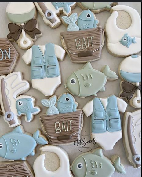 Fish Gender Reveal Cookies, Fish Themed Baby Shower Ideas Boy, Baby Boy Shower Fishing Theme, A Little Fisherman Is On The Way, Baby Boy Fishing Shower Ideas, Fisherman Baby Shower Ideas, Gone Fishing Baby Shower Theme, Little Fisherman Baby Shower Ideas, Fishing Baby Shower Theme Decorations