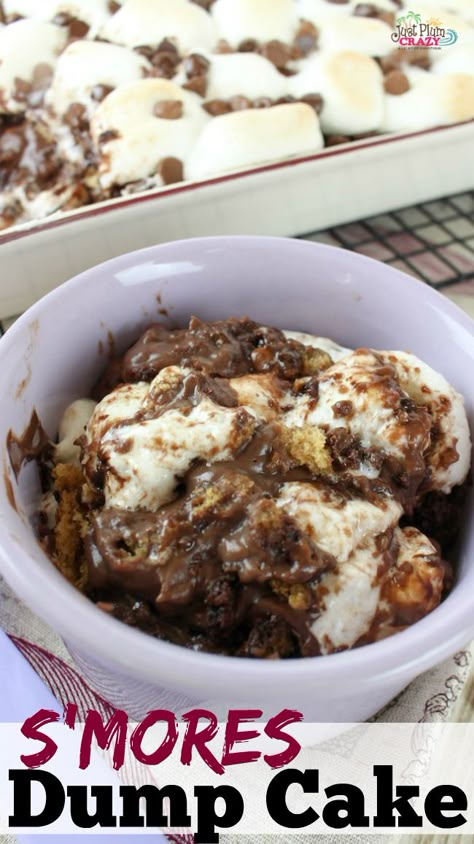 Easy Chocolate S'mores Dump Cake Recipe | Just plum Crazy Smores Dump Cake Recipes, Smores Dump Cake, Devils Food Dump Cake, Don't Mix It Dump Cakes, S’mores Dump Cake, Smores Cobbler, Dump Dessert Recipes, Chocolate Dump Cake Recipes, Brownie Dump Cake