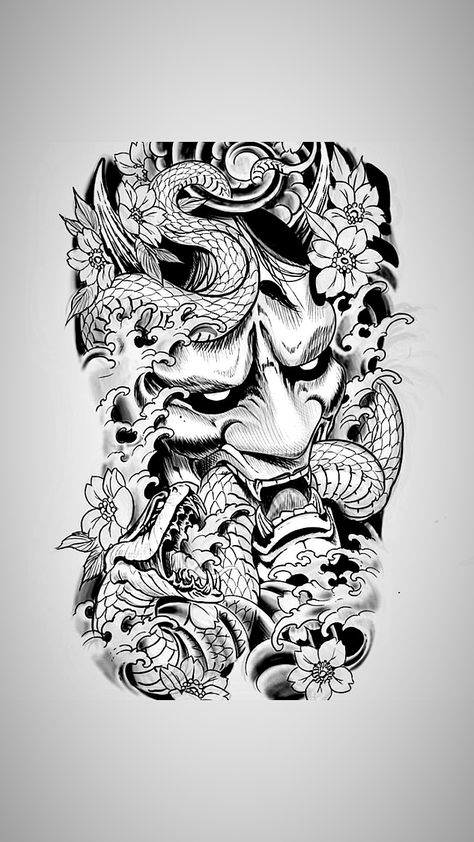 Japanese Half Sleeve Tattoo Design, Female Back Tattoos Full, Japanese Tattoo Koi, Japanese Demon Tattoo, Tato Salib, Samurai Warrior Tattoo, Japanese Tattoos For Men, Samurai Tattoo Design, Yakuza Tattoo