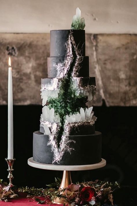 30 Sage Green Wedding Ideas ❤ sage green wedding tall black cake with green geode codyjamesbarry #weddingforward #wedding #bride #weddingcake #weddingtrends2020 Geode Cake Wedding, Green Wedding Cake, Geode Wedding, Geode Cake, Black Wedding Cakes, Viking Wedding, Themed Wedding Cakes, Dark Wedding, Sage Green Wedding