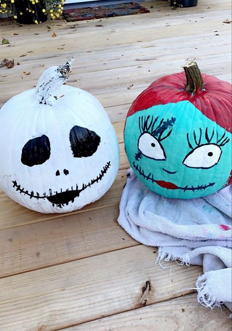 Sally Painting Pumpkin, Sally And Jack Pumpkin Painting, Jack Skeleton Pumpkin Painting, Pumpkin Painting Ideas Nightmare Before, Pumpkin Painting Sally, Jack Skellington Pumpkin Painting, Jack And Sally Pumpkin Painting, Nightmare Before Christmas Pumpkin Paint, Sally Nightmare Before Christmas Pumpkin