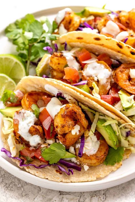 Shrimp Tacos Recipe with Sauce - Jessica Gavin Dinner Ideas Shrimp, Airfryer Fish, Easy Air Fryer Shrimp, Air Fryer Shrimp Tacos, Shrimp Tacos With Mango Salsa, Best Shrimp Taco Recipe, Ninja Airfryer, Shrimp Tacos Recipe, Tacos With Mango Salsa