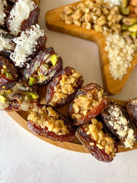 Moroccan Stuffed Dates, Ramadan Dates Platter, Stuffed Medjool Dates, Stuffed Dates Dessert, Almond Stuffed Dates, Diwali Desserts, Dates Recipes, Dates Stuffed, Ramadan Dates