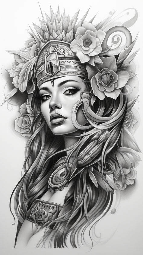 An elegant Chicano art piece, blooming with vibrant expressions. Aztec Women Warrior Goddesses Tattoo, Female Aztec Warrior Tattoo, Aztec Queen Tattoo, Aztec Princess Tattoo Goddesses, Chicano Back Tattoo, Aztec Goddess Tattoo, Aztec Princess Tattoo, Indian Women Tattoo, Aztec Queen