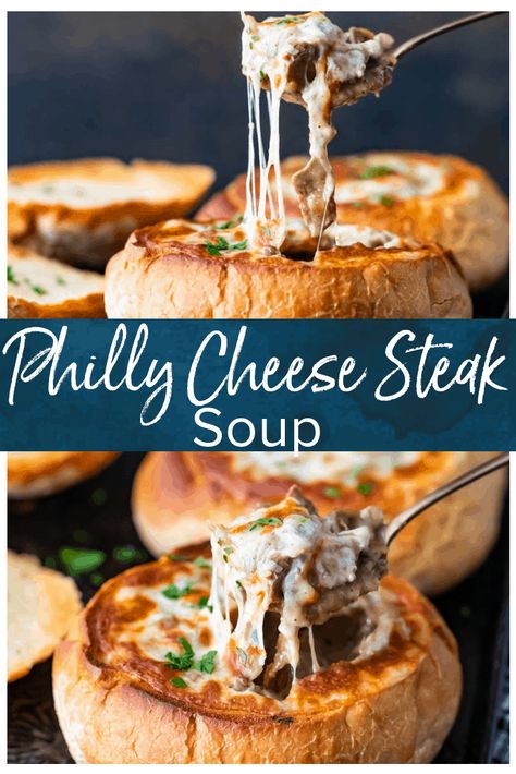 Philly Cheese Steak Soup is the most delicious soup recipe you'll eat this season. If you like cheesesteak sandwiches, then you'll love this bread bowl soup recipe. It's filled with all of the same ingredients and flavors, but it's in soup form, in a bread bowl, with plenty of extra cheese! Philly Cheese Steak Soup, Cheese Steak Soup, Philly Cheesesteak Soup, Steak Soup Recipes, Cheesesteak Soup, Bread Bowl Soup, Cheesesteak Sandwiches, Steak Soup, Bread Bowl Recipe