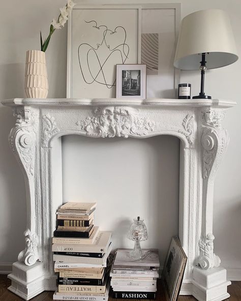 Fireplace Books, Parisian Room, Spa House, Kelsey Simone, Mantel Fireplace, French Apartment, Chicago Apartment, Airbnb Design, Faux Fireplace