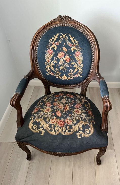 "This is a charming French armchair, old finish in very fine condition. Features: -Hand carved details on top and legs in Victorian style -Beautiful floral needlepoint upholstery with intricate petit point panels -Sculpted solid fruitwood frame -Brass nailhead trim -Comfortable seat with springs Age: Circa 1800s Dimension: Overall   24\"W*37\"H**24.5''D Seat height: 19\"h Seat cushion in total: 24\"w x 20\"d (~20\"w between arms) Back width (center): 18\"w At feet: 23.5\"w x 17\"d Condition: Overall in excellent condition for an antique piece. Only minor wears in fabric and wood frame.  More pictures are available on request. This is a great addition to any collection and is a piece of history that should not be missed! We offer Lower Flat Rate Fast Shipping within continental USA. And we Antique Accent Chair, Vintage Chairs Victorian, 1800s Furniture, Victorian Needlepoint, Victorian Furniture Decor, Victorian Chairs, French Armchair, Victorian Armchair, Floral Needlepoint