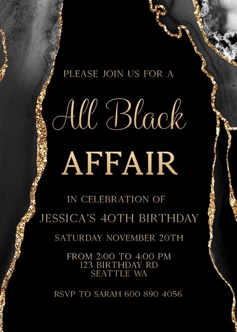 EDITABLE, All Black Party Invitation, All Black Affair Invitation, Black and Gold Agate Birthday Invite, Instant Digital Download - Etsy 21st Bday Invites Invitation Ideas, Black Affair Party Ideas, All Black 30th Birthday Party, Black And Gold Party Invitations, All Black Affair Party, All Black Affair Party Ideas, Black And Gold Birthday Party Ideas, Black And Gold Birthday Invitations, Gold And Black Invitation