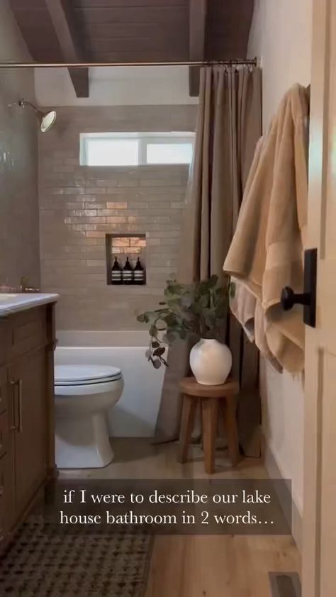 farmhousedailyinspo on Instagram: Lovely bathroom @halfway_wholeistic 😇 #farmhousedecor #farmhousestyle #famrhouse #farmhousekitchen #farmhousebathroom Guest Bathroom Ideas Shower Tub Combo, Alley Bathroom Remodel, Natural Colors Bathroom, Neutral Guest Bathroom Ideas, Organic Earthy Bathroom, Casitas Guest House Interior Design, Bathroom Decor Brown Cabinets, Guest Bathroom Aesthetic, Bathroom Remodel Ideas 2023