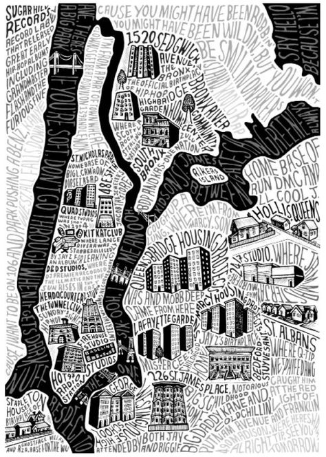 A map of New York as a Hip-hop Holy Land Maps Design, Sarah King, History Of Hip Hop, Nyc Map, New York Canvas, New York City Map, Real Hip Hop, Map Of New York, Hip Hop Art