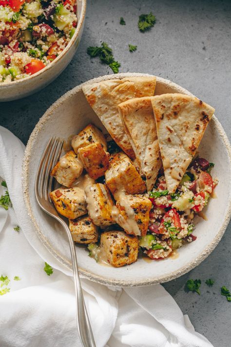 Mediterranean Herbed Lemon Tofu and Couscous Bowl – healthienut – Easy to follow plant-forward recipes Couscous Hummus Bowl, Vegan Cous Cous Recipes, Vegan Couscous Bowl, Tofu Grain Bowl, Tofu Couscous Recipes, Mediterranean Tofu Bowl, Greek Tofu Bowl, Vegetarian Mediterranean Bowl, Greek Recipes Vegetarian