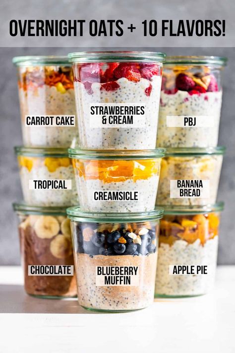 Everything you need to know for how to make Overnight Oats plus 10 Flavors! This super easy make-ahead breakfast for busy mornings that is perfect for meal prep. It's gluten-free and you'll find my dairy-free tips below as well. Overnight oats are typically served cold, but you can warm them up too. The 10 flavor variations are all based off dessert flavors, which means you can eat a healthy breakfast that tastes like you're having dessert! Dessert Flavors, Breakfast For Busy Mornings, Overnight Oats Recipe Easy, Best Overnight Oats Recipe, Cook Breakfast, Easy Overnight Oats, Oat Recipes Healthy, Overnight Oats Recipe Healthy, Overnight Oats Healthy