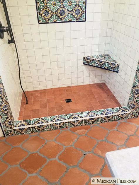 Mexican Tile - Spanish Mission Red Terracotta Floor Tile - Arabesque 2 Hacienda Style Bathroom, Terracotta Bathroom Floor, Mexican Bathroom Ideas, Hacienda Bathroom, Mexican Style Bathroom, Saltillo Floor, Mexican Tile Bathroom, Mexico House Ideas, Spanish Style Bathrooms