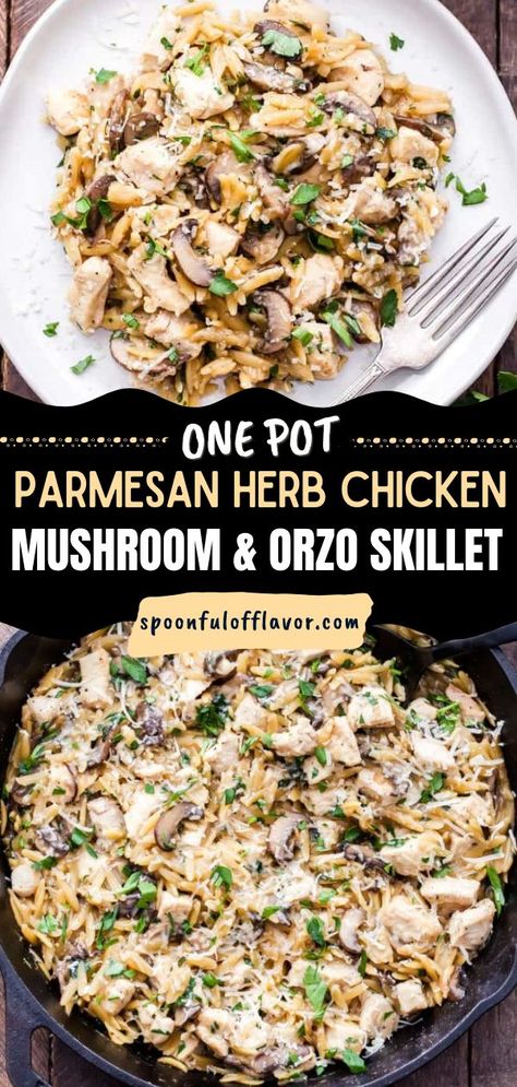 Parmesan Herb Chicken, Mushroom and Orzo Skillet, weeknight dinner recipes, chicken recipes for dinner Orzo Recipes Healthy, Dinner With Mushrooms, Chicken Recipe For Dinner, Chicken Spinach Recipes, Orzo Skillet, Healthy Skillet Meals, Mushroom Recipes Healthy, Easy Chicken Recipe, Skillet Dinner Recipes