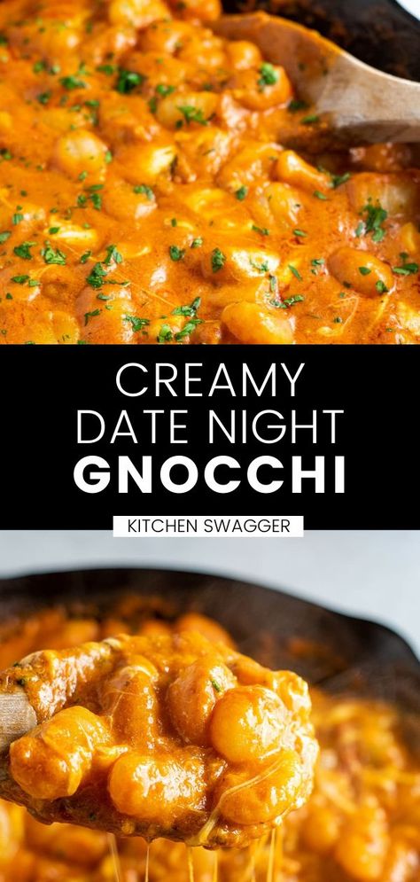 This simple gnocchi recipe takes only about 25 minutes to pull together, but it's totally date-night worthy! A fancy, hearty weeknight tested dinner that features a creamy red sauce that is really cheesy and delicious. I use a basic marinara sauce with added light cream, Parmesan cheese, garlic, fresh basil, white wine, and fresh mozzarella cheese to really up the ante. Sauce Recipes For Gnocchi, Date Night Gnocchi, Simple Italian Dinner Recipes, Gnocchi And Vodka Sauce, Spicy Gnocchi With Roasted Red Peppers, Delicious Italian Recipes, Cheesy Tomato Gnocchi, Gnocchi Recipes Pasta, Gnocchi With Mozzarella