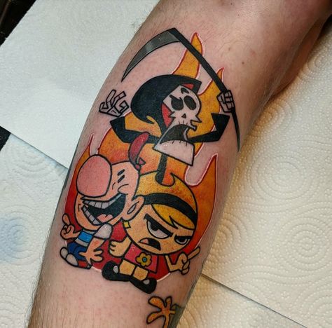 Grimm adventures of Billy and Mandy tattoo Cartoon Tattoos Colorful, Billy And Mandy Tattoo Ideas, Grimm Adventures Of Billy And Mandy Tattoo, Grim Adventures Of Billy And Mandy Tattoo, Grim Adventures Of Billy And Many Tattoo, Cartoon Leg Sleeve Tattoo, Cartoon Tattoos 90s, 90s Cartoon Tattoos Sleeve, Billy And Mandy Tattoo