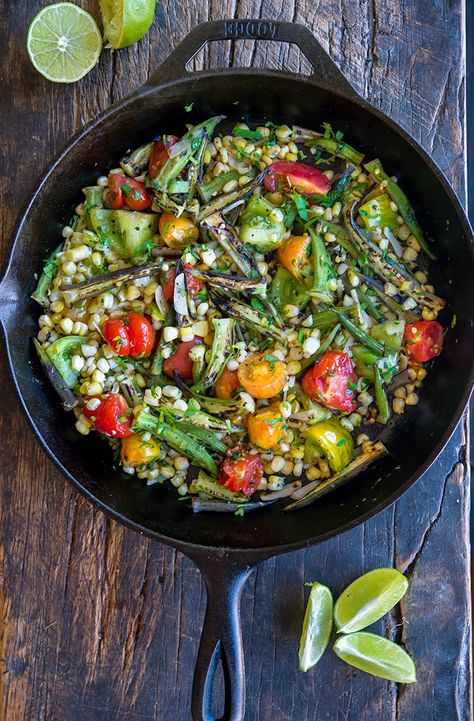 Wild Greens and Sardines : Charred Okra, Corn, & Tomato Salad -- Enjoy the Summer! Charred Okra, Tomatoes And Okra, Corn And Tomato Salad, Roasted Okra, Corn Tomato Salad, Okra And Tomatoes, Tomato Dishes, Mixed Veggies, Quick Salads