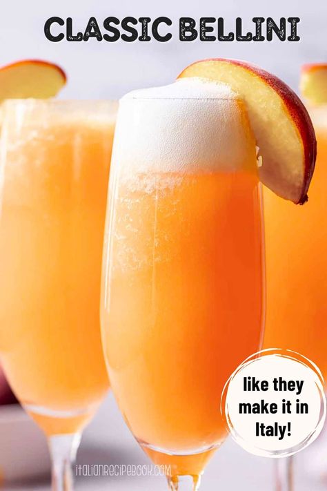 This peach bellini cocktail is the perfect combination of fruity, bubbly, low-alcohol cocktail perfect for the crowd. It's one of Italian favorite low-alcohol cocktails you can sip all summer long! Authentic, easy peach bellini made with only 2 ingredients. A MUST-TRY!rn Bellini Recipe Easy, Bellini Drink, Italian Cocktail Recipes, Peach Cocktail Recipe, Bellini Cocktail Recipes, Peach Bellini Recipe, Peach Bellini Cocktail, Italian Aperitivo, Frozen Drinks Alcohol