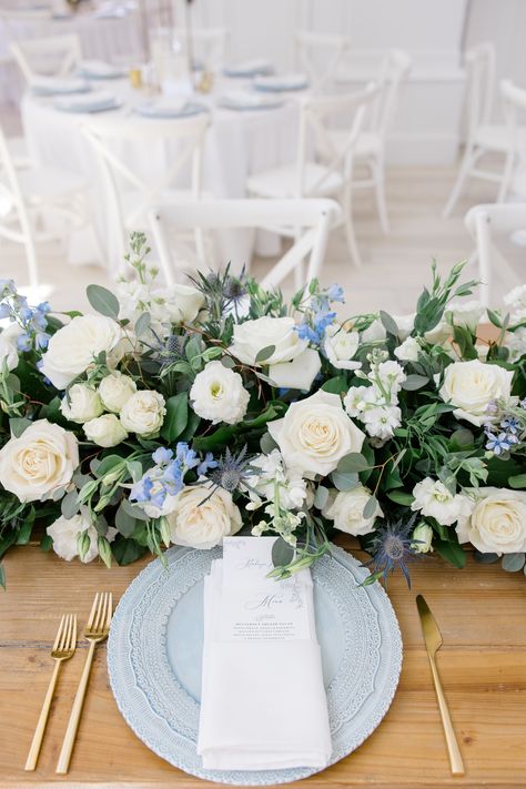 Wedding Ideas White And Blue, Romantic Dusty Blue Wedding, Low Blue Centerpieces, Dusty Blue And White Wedding Bouquet, Dusty Blue And Sage Wedding Centerpieces, Dusty Blue Cream And Gold Wedding, White And Dusty Blue Wedding Flowers, Dusty Blue Farmhouse Wedding, Dusty Blue Flower Centerpieces