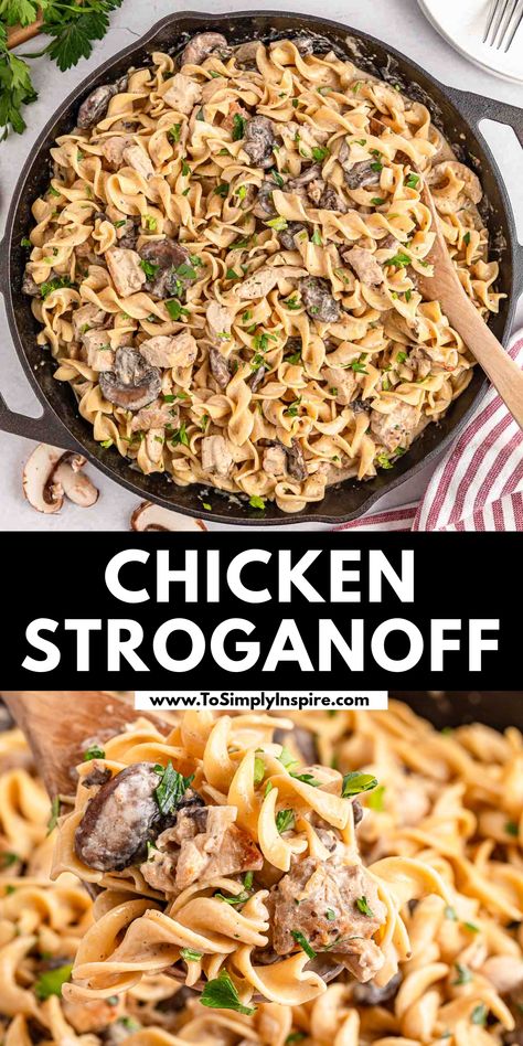 A cast iron skillet filled chicken stroganoff garnished with chopped herbs while a wooden spoon rests off to the side. Healthy Stroganoff Recipe, Easy Chicken Stroganoff Recipe, Easy Chicken Stroganoff, Healthy Stroganoff, Chicken Stroganoff Recipe, Traditional Beef Stroganoff, To Simply Inspire, Slow Cooker Beef Stroganoff, Chicken Stroganoff