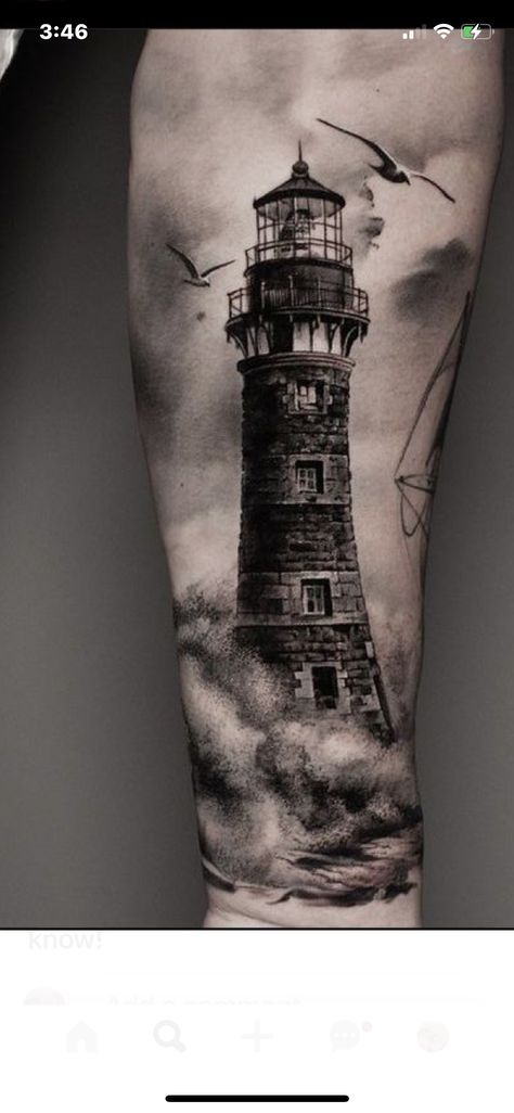 Ship And Lighthouse Tattoo Sleeve, Lighthouse Tattoo Back Of Arm, Lighthouse Tattoo Chest, Mens Lighthouse Tattoo Sleeve, Creepy Lighthouse Tattoo, Lighthouse Tattoo Men Leg, Realism Lighthouse Tattoo, Lighthouse Back Tattoo, Lighthouse And Waves Tattoo