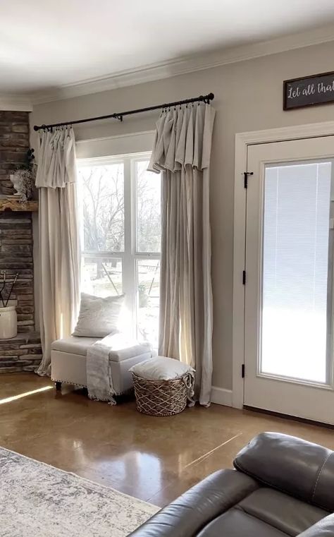 Painters Drop Cloth Curtains, Paint Drop Cloth Curtains, Floor Curtains, Diy Drop Cloth Curtains, Shower Curtain With Valance, Stenciled Curtains, Base Housing, Cloth Curtains, Faux Wood Blinds