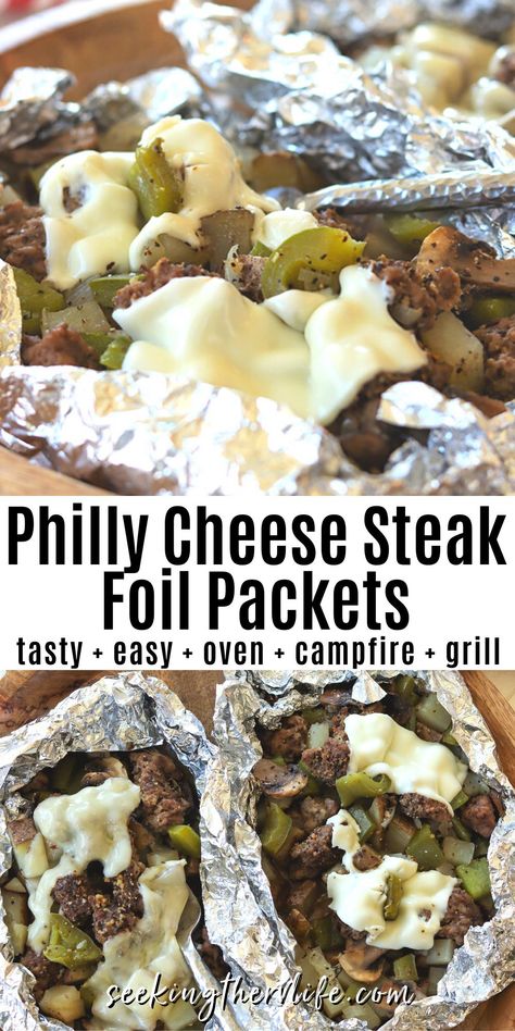 Foil Packs In The Oven, Easy Camping Dinners For Kids, Philly Cheese Steak Foil Packet, Camper Meal Ideas, Cabin Meals Families, Easy Camping Meals Make Ahead, Pre Made Camping Meals, Steak Foil Packets, Hobo Meals