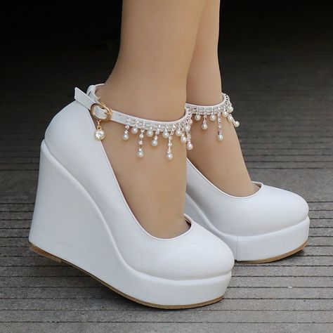 Women Round Toe Pearls Beads Tassel Wedge Heel Platform Pumps - Black / 33 #Women Round Toe Pearls Beads Tassel Wedge Heel Platform Pumps - Black / 33 #party outfit #outfit #dresses #background #wallpaper Kasut Kahwin, Shoe Wedges, Bridal Wedges, Kasut Wanita, Miroslava Duma, Beaded Ankle, Women High Heels, Cute Shoes Heels, Kawaii Shoes