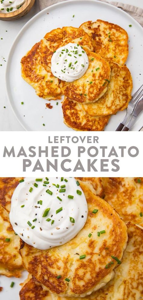 These mashed potato pancakes are the absolute most delicious way to use up leftover mashed potatoes! Perfect after Thanksgiving or Christmas or anytime you have mashed potatoes on hand, they make a great main course and are super easy to make gluten free or even paleo. #thanksgiving #vegetarianrecipe #mashedpotatoes #glutenfree #christmasrecipe Potato Pancakes From Mashed Potatoes, Potatoe Pancakes, Leftover Mashed Potato Pancakes, Potato Pancakes Easy, Tasty Potato Recipes, Savoury Pancake Recipe, Mashed Potato Pancakes, Potato Cakes Recipe, Mashed Potato Cakes