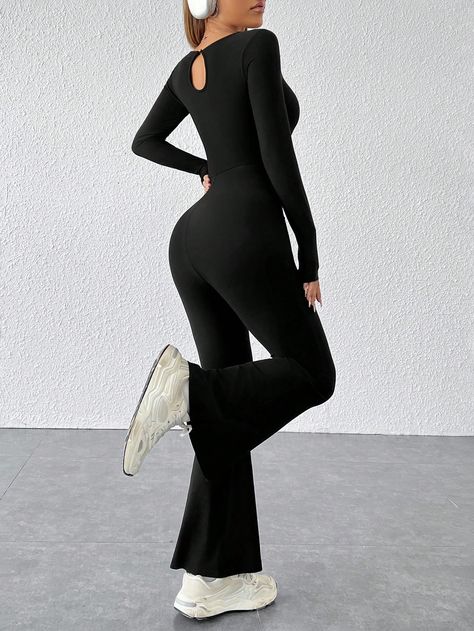 Square Neck Flare Leg Black Jumpsuit Black Casual  Long Sleeve Polyester Plain Unitard High Stretch  Women Clothing, size features are:Bust: ,Length: ,Sleeve Length: Jumpsuit Black, Black Jumpsuit, Black Casual, Jumpsuits For Women, Square Neck, Women Clothing, Length Sleeve, Tights, Jumpsuit